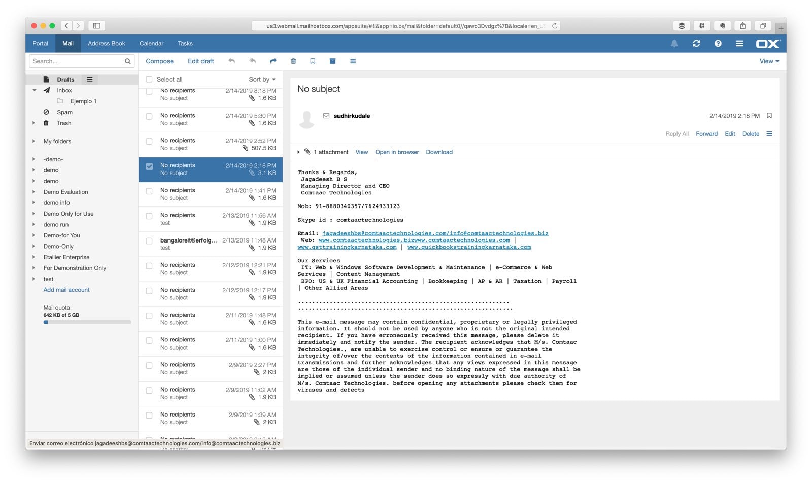 Interfaz gráfica del correo corporativo ofrecido por Compudemano Cloud