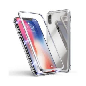 Vidrio Templado con Marco de Metal de Absorción de Iman para iPhone X - Plata