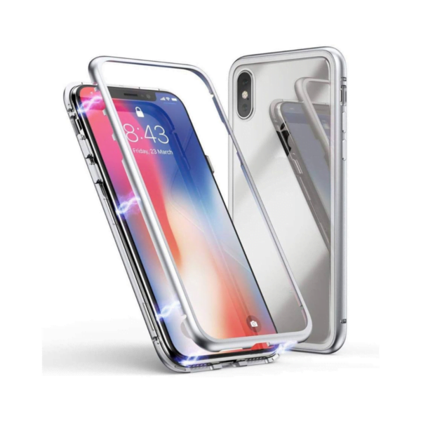 Vidrio Templado con Marco de Metal de Absorción de Iman para iPhone X - Plata